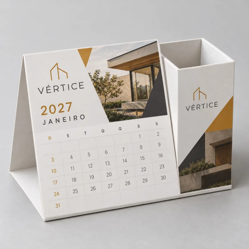 Calendário de Mesa com Porta Canetas 4x0, couchê 300g, 25x14cm, sem verniz